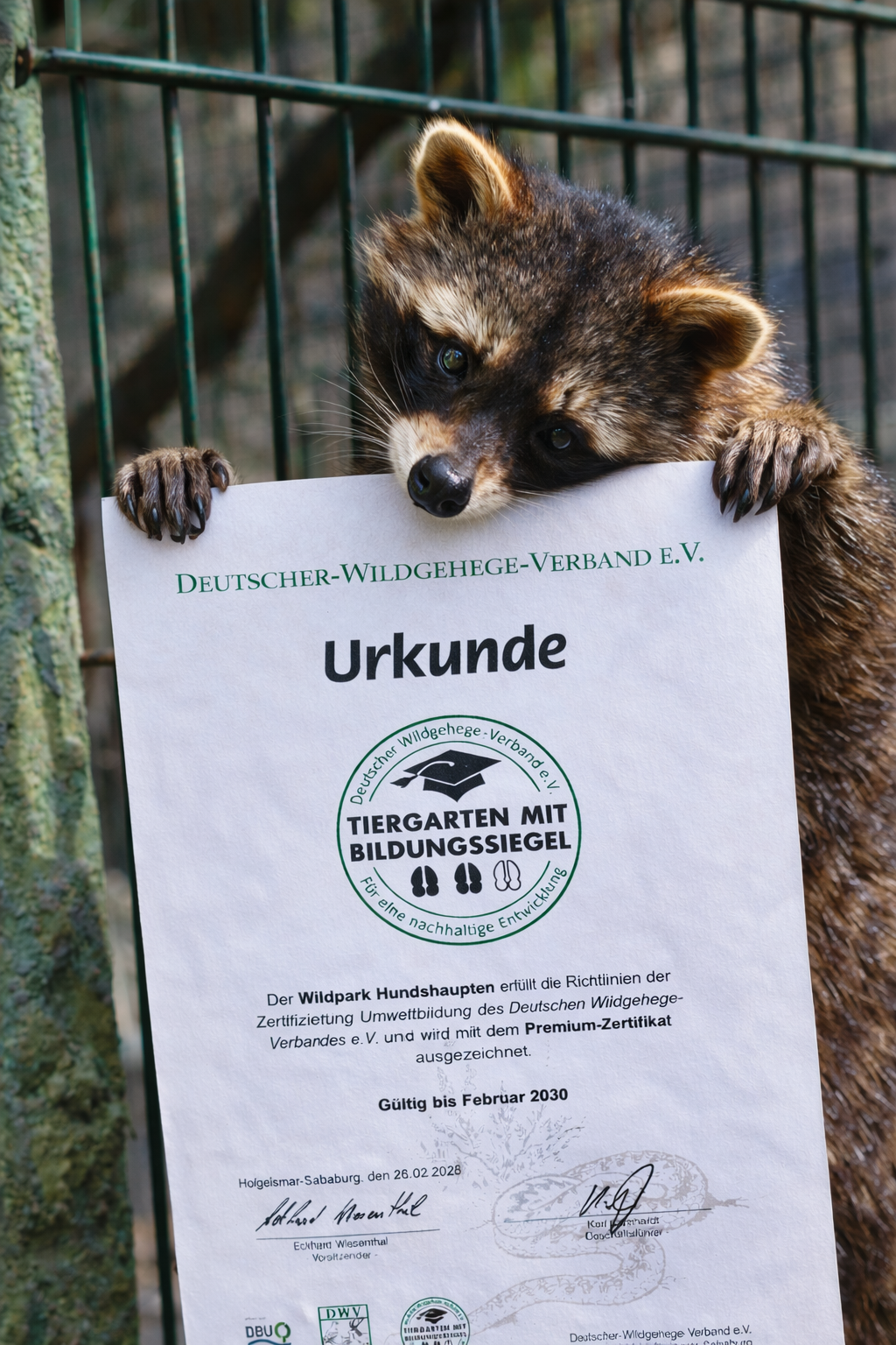 Ein Waschb&auml;r h&auml;lt eine Urkunde des Deutschen-Wildgehege-Verbandes E.V. mit dem Bildungssiegel &bdquo;Tiergarten mit Bildungssiegel&ldquo; in seinen Pfoten vor einem Gitter.