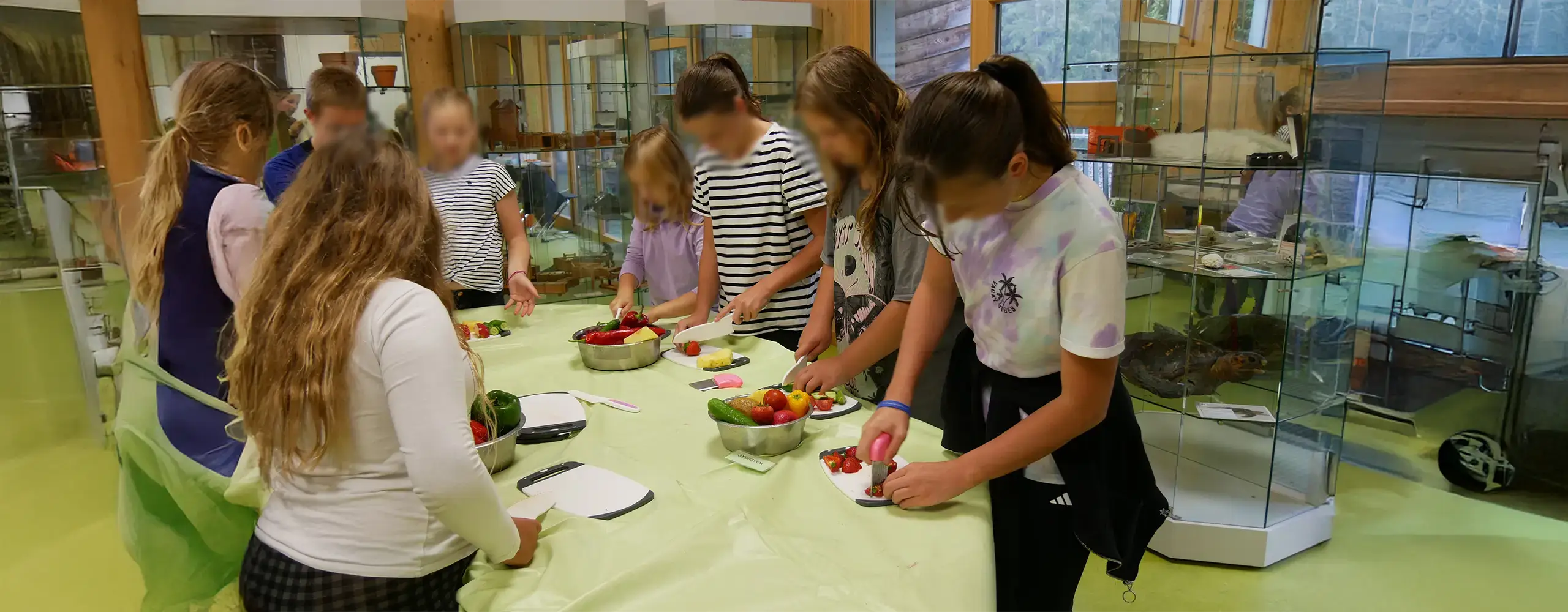 Mehrere Kinder stehen um einen Tisch und schneiden Obst und Gem&uuml;se zusammen in einer hellen K&uuml;che.