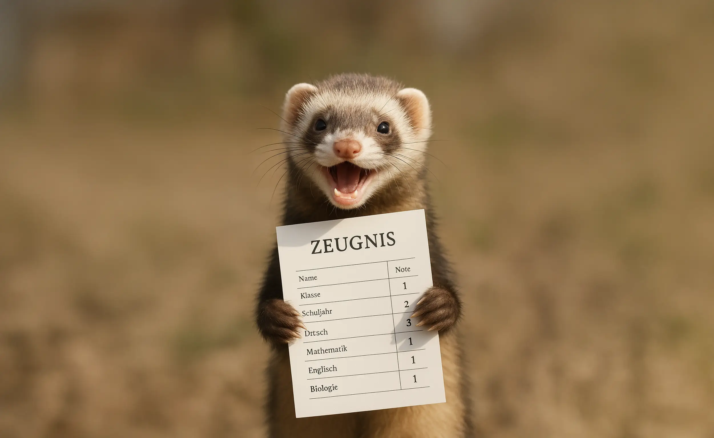 Ein Frettchen h&auml;lt ein Zeugnis mit Noten in den Pfoten und schaut fr&ouml;hlich in die Kamera.