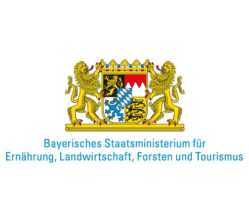 Bayerisches Wappen mit zwei goldenen Löwen und Text: Bayerisches Staatsministerium für Ernährung, Landwirtschaft, Forsten und Tourismus.