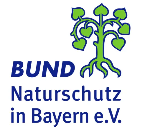 Logo des BUND Naturschutz in Bayern e.V. mit stilisiertem grünen Baum und blauem Text auf weißem Hintergrund.