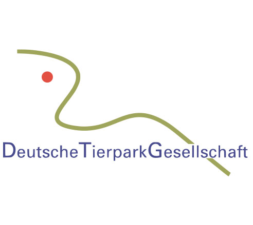 Logo mit grünem Linien-Tier, rotem Punkt als Auge, darunter blauer Text „Deutsche TierparkGesellschaft“ auf weißem Hintergrund.