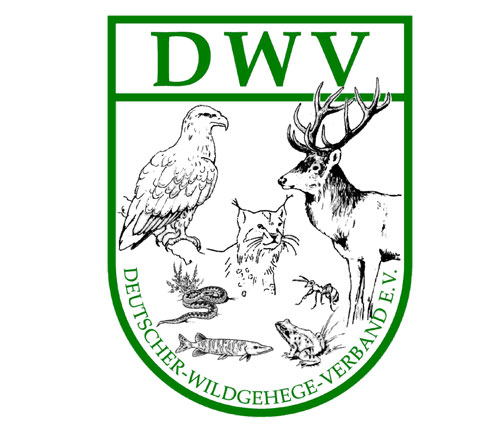 Wappen mit Tieren wie Hirsch, Adler, Fuchs und Fasan, grüner Rahmen, Text „DWV“ und „Deutscher Wildgehege-Verband e.V.“