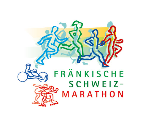 Bunte Umrisse von Läufern, einem Rollstuhlfahrer und Inlineskatern mit dem Text „Fränkische Schweiz Marathon“ darunter auf weißem Hintergrund.