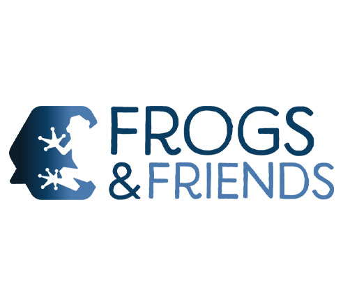 Logo mit zwei stilisierten Fröschen und dem Text "Frogs & Friends" in blauer Schrift auf weißem Hintergrund.