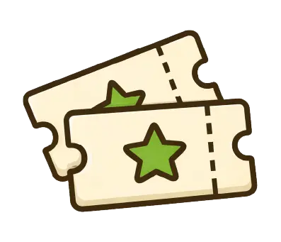 Zwei Eintrittskarten mit grünem Sternsymbol, illustriert im einfachen Comic-Stil.