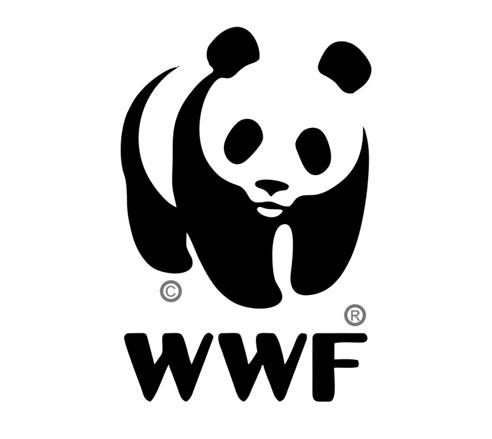 Schwarz-weißes Panda-Logo der WWF mit den Buchstaben „WWF“ darunter, Symbol für den Schutz bedrohter Tierarten und die Umweltorganisation.